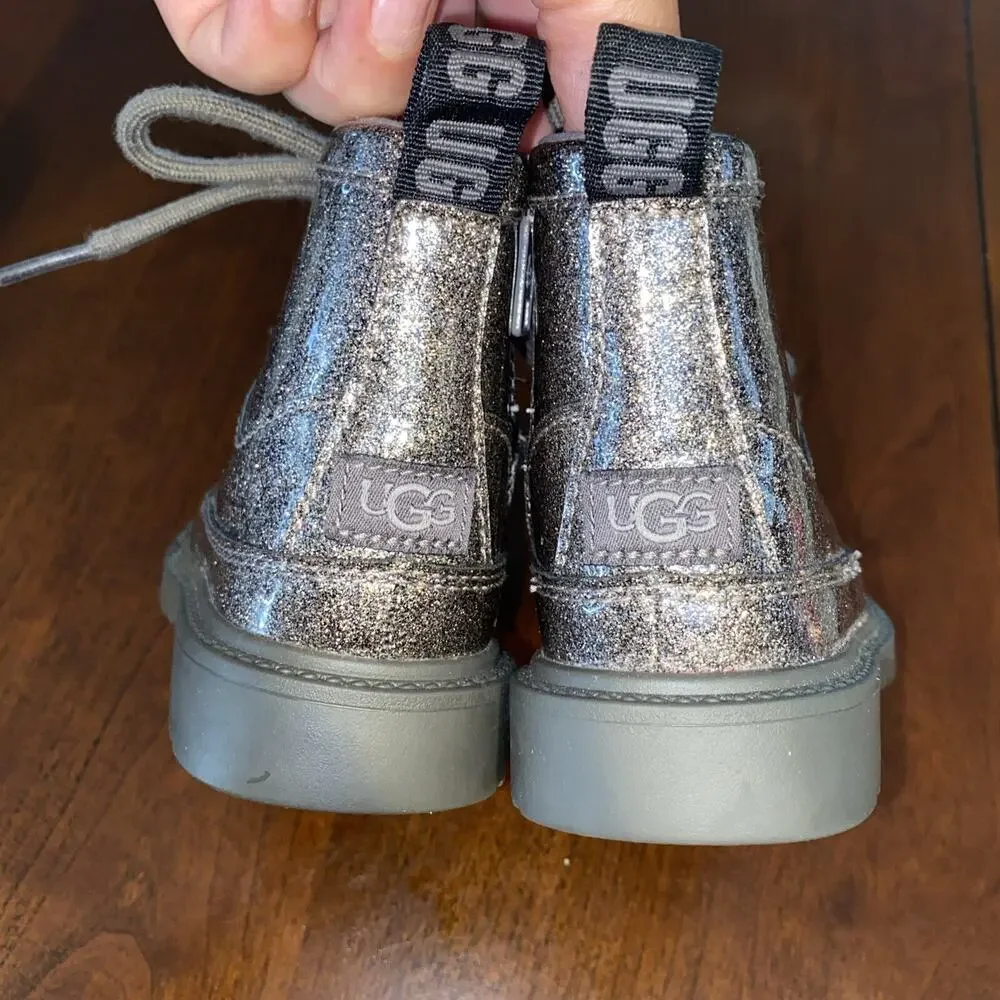 UGGs kid's Robley Glitter Combat Boot Silver Charcoal Glitter 1116377T, Sz US 6